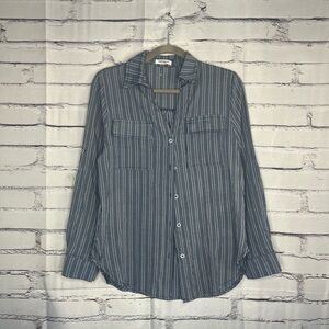 Hotouch Blue Grey Stripe Button‑Up Shirt S Casual Summer Workwear Top Utility